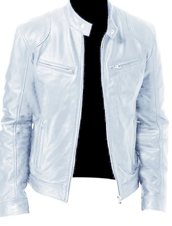 Outlet OUKU Men's Faux Leather Jacket Transition Jacket Biker Jacket Motorcycle Jacket Daily Thermal Warm Rain Waterproof Fall & Winter Solid Colored Stand Collar Regular Regular Fit Silver Black White Yellow