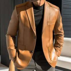 Discount OUKU Men's Faux Leather Jacket Blazer Outdoor Vacation Daily Wear Fashion Streetwear Fall Winter Polyester Faux Leather Plain Pocket Buttons Windproof Warm Single Breasted Blazer Black Red Brown