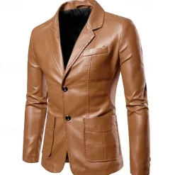 Discount OUKU Men's Faux Leather Jacket Blazer Outdoor Vacation Daily Wear Fashion Streetwear Fall Winter Polyester Faux Leather Plain Pocket Buttons Windproof Warm Single Breasted Blazer Black Red Brown