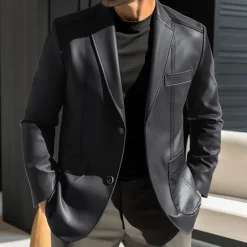 Discount OUKU Men's Faux Leather Jacket Blazer Outdoor Vacation Daily Wear Fashion Streetwear Fall Winter Polyester Faux Leather Plain Pocket Buttons Windproof Warm Single Breasted Blazer Black Red Brown