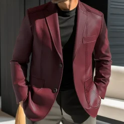 Discount OUKU Men's Faux Leather Jacket Blazer Outdoor Vacation Daily Wear Fashion Streetwear Fall Winter Polyester Faux Leather Plain Pocket Buttons Windproof Warm Single Breasted Blazer Black Red Brown