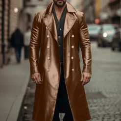 Discount OUKU Men's Faux Leather Jacket Transition Jacket Going out Spring & Fall Faux Leather Windbreaker Outerwear Clothing Apparel Solid Color Lapel Double Breasted