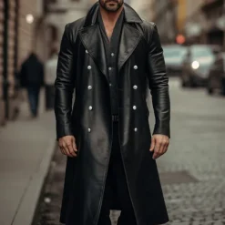 Discount OUKU Men's Faux Leather Jacket Transition Jacket Going out Spring & Fall Faux Leather Windbreaker Outerwear Clothing Apparel Solid Color Lapel Double Breasted