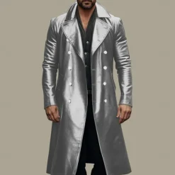 Discount OUKU Men's Faux Leather Jacket Transition Jacket Going out Spring & Fall Faux Leather Windbreaker Outerwear Clothing Apparel Solid Color Lapel Double Breasted