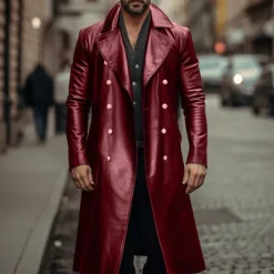 Discount OUKU Men's Faux Leather Jacket Transition Jacket Going out Spring & Fall Faux Leather Windbreaker Outerwear Clothing Apparel Solid Color Lapel Double Breasted