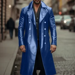 Discount OUKU Men's Faux Leather Jacket Transition Jacket Going out Spring & Fall Faux Leather Windbreaker Outerwear Clothing Apparel Solid Color Lapel Double Breasted
