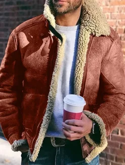 Best OUKU Men's Faux Leather Jacket Fleece Jacket Biker Jacket Motorcycle Jacket Daily Vacation Windproof Warm Pocket Fleece Fall & Winter Plain Fashion Classic Lapel Regular Black Red Green Khaki Jacket