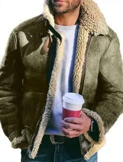 Best OUKU Men's Faux Leather Jacket Fleece Jacket Biker Jacket Motorcycle Jacket Daily Vacation Windproof Warm Pocket Fleece Fall & Winter Plain Fashion Classic Lapel Regular Black Red Green Khaki Jacket