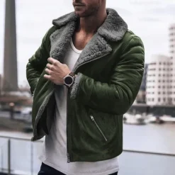 Online OUKU Men's Faux Leather Jacket Fleece Jacket Sherpa Jacket Daily Vacation Thermal Warm Pocket Fleece Fall & Winter Plain Fashion Streetwear Lapel Regular Black Brown Green Jacket