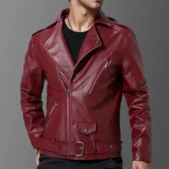 Hot OUKU Men's Faux Leather Jacket Biker Jacket Red Leather Jacket Athleisure Daily Wear Buckle All Seasons Solid / Plain Color Punk Fashion Casual Lapel Regular Faux Leather Black Red Jacket