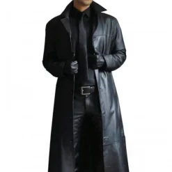 OUKU Men's Faux Leather Jacket Long Trench Coat Fall Winter Faux Leather Windproof Outerwear Clothing Apparel Vintage Pocket Lapel Single Breasted