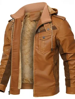 Sale OUKU Men's Faux Leather Jacket Biker Jacket Motorcycle Jacket Daily Vacation Fleece Lining Windproof Pocket Convertible Fall & Winter Color Block Fashion Classic Hooded Regular Black Yellow Jacket