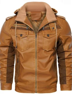 Sale OUKU Men's Faux Leather Jacket Biker Jacket Motorcycle Jacket Daily Vacation Fleece Lining Windproof Pocket Convertible Fall & Winter Color Block Fashion Classic Hooded Regular Black Yellow Jacket