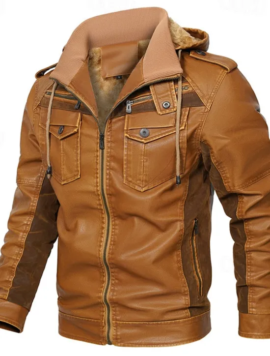Sale OUKU Men's Faux Leather Jacket Biker Jacket Motorcycle Jacket Daily Vacation Fleece Lining Windproof Pocket Convertible Fall & Winter Color Block Fashion Classic Hooded Regular Black Yellow Jacket