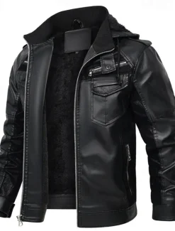 Sale OUKU Men's Faux Leather Jacket Biker Jacket Motorcycle Jacket Daily Vacation Fleece Lining Windproof Pocket Convertible Fall & Winter Color Block Fashion Classic Hooded Regular Black Yellow Jacket