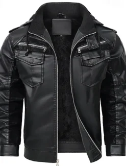 Sale OUKU Men's Faux Leather Jacket Biker Jacket Motorcycle Jacket Daily Vacation Fleece Lining Windproof Pocket Convertible Fall & Winter Color Block Fashion Classic Hooded Regular Black Yellow Jacket