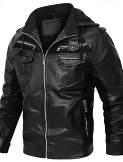 Sale OUKU Men's Faux Leather Jacket Biker Jacket Motorcycle Jacket Daily Vacation Fleece Lining Windproof Pocket Convertible Fall & Winter Color Block Fashion Classic Hooded Regular Black Yellow Jacket