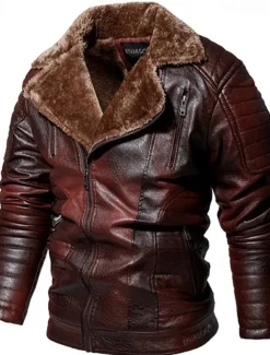 Best OUKU Men's Faux Leather Jacket Fleece Jacket Biker Jacket Motorcycle Jacket Daily Vacation Windproof Warm Pocket Fall & Winter Plain Fashion Classic Lapel Regular Black Red Brown Coffee Jacket