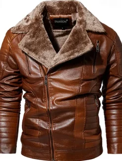Best OUKU Men's Faux Leather Jacket Fleece Jacket Biker Jacket Motorcycle Jacket Daily Vacation Windproof Warm Pocket Fall & Winter Plain Fashion Classic Lapel Regular Black Red Brown Coffee Jacket
