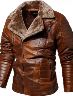 Best OUKU Men's Faux Leather Jacket Fleece Jacket Biker Jacket Motorcycle Jacket Daily Vacation Windproof Warm Pocket Fall & Winter Plain Fashion Classic Lapel Regular Black Red Brown Coffee Jacket