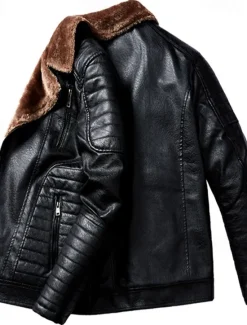 Best OUKU Men's Faux Leather Jacket Fleece Jacket Biker Jacket Motorcycle Jacket Daily Vacation Windproof Warm Pocket Fall & Winter Plain Fashion Classic Lapel Regular Black Red Brown Coffee Jacket