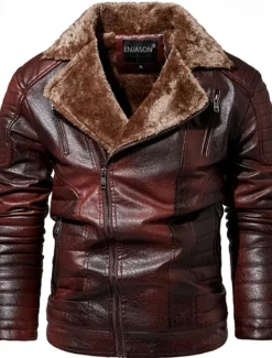 Best OUKU Men's Faux Leather Jacket Fleece Jacket Biker Jacket Motorcycle Jacket Daily Vacation Windproof Warm Pocket Fall & Winter Plain Fashion Classic Lapel Regular Black Red Brown Coffee Jacket