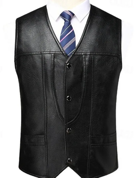 Best OUKU Men's Faux Leather Jacket Vest Gilet Wedding Event / Party Daily Fashion Business Spring & Summer Button Pocket Polyester Comfortable Plaid Single Breasted One-button V Neck Regular Fit Vest Black