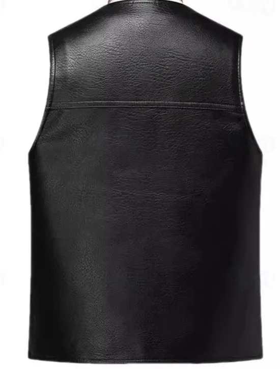 Best OUKU Men's Faux Leather Jacket Vest Gilet Wedding Event / Party Daily Fashion Business Spring & Summer Button Pocket Polyester Comfortable Plaid Single Breasted One-button V Neck Regular Fit Vest Black