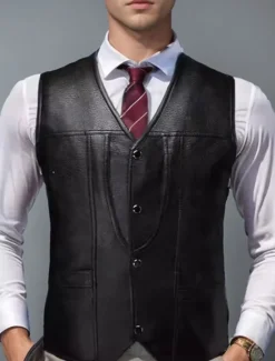 Best OUKU Men's Faux Leather Jacket Vest Gilet Wedding Event / Party Daily Fashion Business Spring & Summer Button Pocket Polyester Comfortable Plaid Single Breasted One-button V Neck Regular Fit Vest Black
