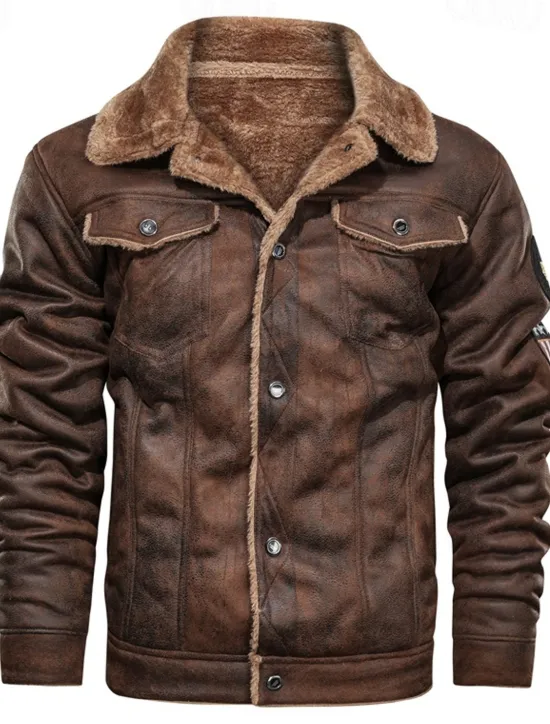 Clearance OUKU Men's Faux Leather Jacket Winter Jacket Red Leather Jacket Vintage Leather Jacket Daily Vacation Windproof Warm Pocket Fleece Fall & Winter Plain Fashion Classic Lapel Regular Black Brown Khaki Jacket