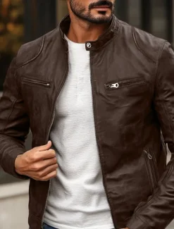 Discount OUKU Men's Faux Leather Jacket Biker Jacket Motorcycle Jacket Daily Thermal Warm Rain Waterproof Zipper Fall & Winter Solid Colored Punk Vintage Stand Collar Regular Black Blue Brown Coffee Jacket
