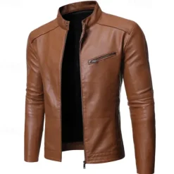 Discount OUKU Men's Faux Leather Jacket Biker Jacket Motorcycle Jacket Vacation Daily Windproof Warm Pocket Fall Winter Plain Fashion Classic Stand Collar Regular Black Yellow Jacket
