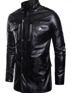 Clearance OUKU Men's Faux Leather Jacket Biker Jacket Motorcycle Jacket Home Office Windbreaker Pocket Winter Spring & Fall Solid Color Vintage Classic Style Regular Jacket Black