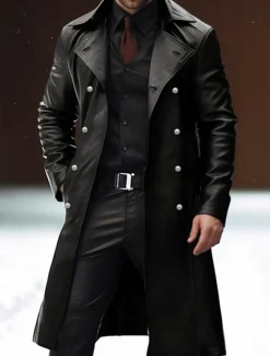 Outlet OUKU Men's Faux Leather Jacket Winter Coat Transition Jacket Peacoat Trench Coat Office & Career Daily Wear Winter PU Thermal Warm Windproof Outerwear Clothing Apparel Fashion Warm Ups Plain Pocket Lapel
