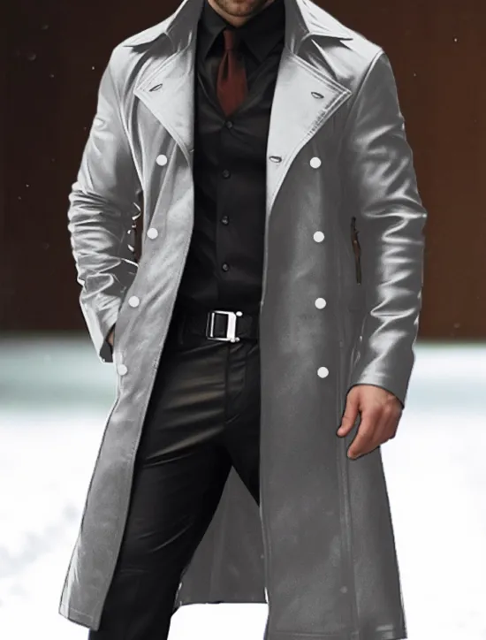 Outlet OUKU Men's Faux Leather Jacket Winter Coat Transition Jacket Peacoat Trench Coat Office & Career Daily Wear Winter PU Thermal Warm Windproof Outerwear Clothing Apparel Fashion Warm Ups Plain Pocket Lapel