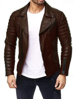 Outlet OUKU Men's Faux Leather Jacket Transition Jacket Biker Jacket Motorcycle Jacket Vacation Daily Windproof Warm Pocket Fall & Winter Plain Fashion Classic Lapel Regular Faux Leather Black Red Coffee Jacket