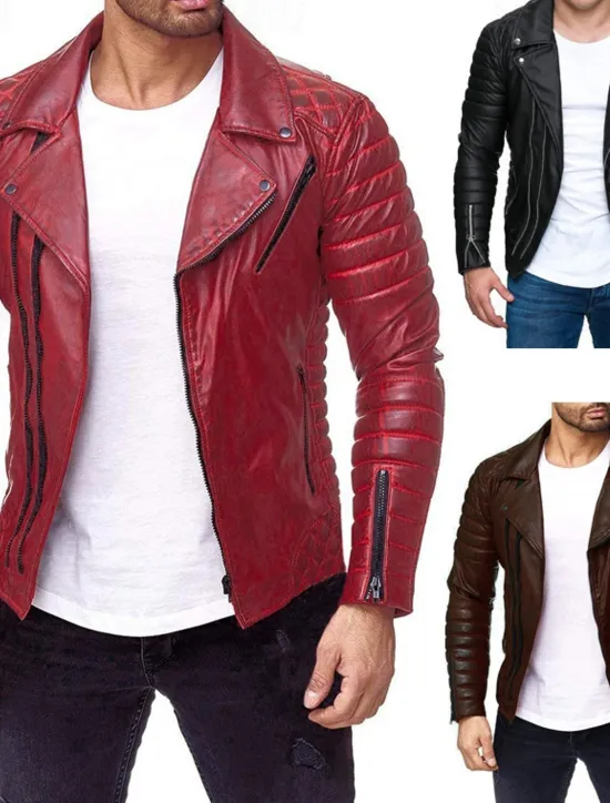 Outlet OUKU Men's Faux Leather Jacket Transition Jacket Biker Jacket Motorcycle Jacket Vacation Daily Windproof Warm Pocket Fall & Winter Plain Fashion Classic Lapel Regular Faux Leather Black Red Coffee Jacket