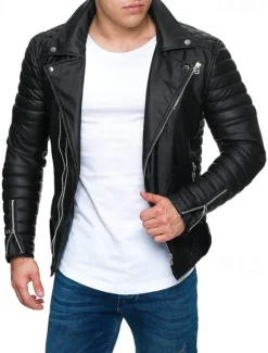 Outlet OUKU Men's Faux Leather Jacket Transition Jacket Biker Jacket Motorcycle Jacket Vacation Daily Windproof Warm Pocket Fall & Winter Plain Fashion Classic Lapel Regular Faux Leather Black Red Coffee Jacket