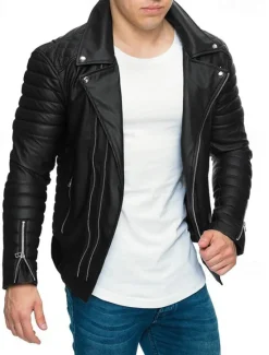 Outlet OUKU Men's Faux Leather Jacket Transition Jacket Biker Jacket Motorcycle Jacket Vacation Daily Windproof Warm Pocket Fall & Winter Plain Fashion Classic Lapel Regular Faux Leather Black Red Coffee Jacket