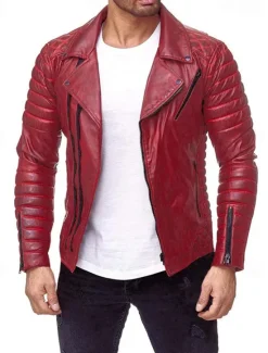 Outlet OUKU Men's Faux Leather Jacket Transition Jacket Biker Jacket Motorcycle Jacket Vacation Daily Windproof Warm Pocket Fall & Winter Plain Fashion Classic Lapel Regular Faux Leather Black Red Coffee Jacket
