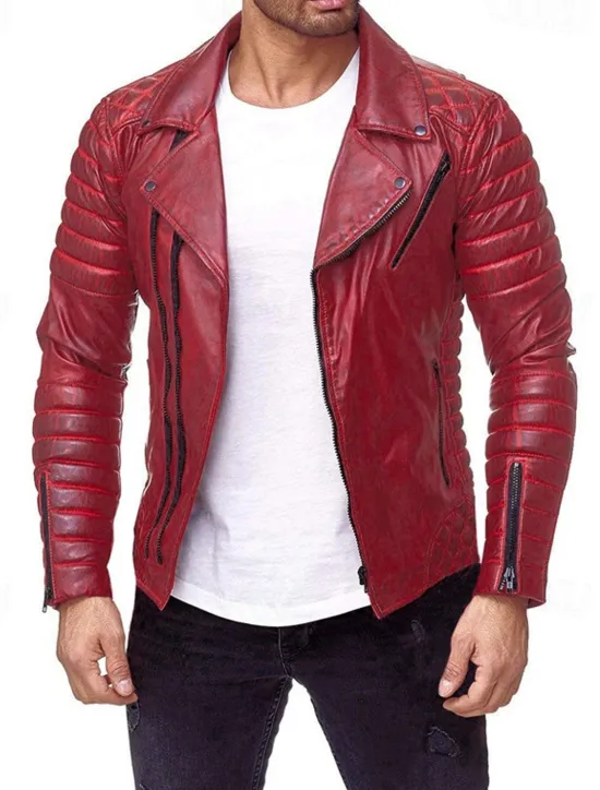 Outlet OUKU Men's Faux Leather Jacket Transition Jacket Biker Jacket Motorcycle Jacket Vacation Daily Windproof Warm Pocket Fall & Winter Plain Fashion Classic Lapel Regular Faux Leather Black Red Coffee Jacket