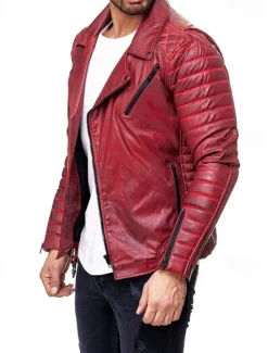Outlet OUKU Men's Faux Leather Jacket Transition Jacket Biker Jacket Motorcycle Jacket Vacation Daily Windproof Warm Pocket Fall & Winter Plain Fashion Classic Lapel Regular Faux Leather Black Red Coffee Jacket