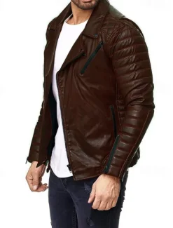 Outlet OUKU Men's Faux Leather Jacket Transition Jacket Biker Jacket Motorcycle Jacket Vacation Daily Windproof Warm Pocket Fall & Winter Plain Fashion Classic Lapel Regular Faux Leather Black Red Coffee Jacket