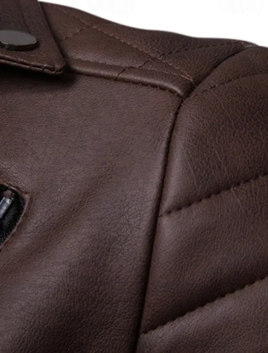 Outlet OUKU Men's Faux Leather Jacket Transition Jacket Biker Jacket Motorcycle Jacket Vacation Daily Windproof Warm Pocket Fall & Winter Plain Fashion Classic Lapel Regular Faux Leather Black Red Coffee Jacket