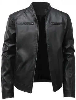Outlet OUKU Men's Faux Leather Jacket Shirt Jacket Transition Jacket Biker Jacket Vacation Daily Windproof Warm Pocket Fall & Winter Plain Fashion Classic Stand Collar Regular Faux Leather Black Khaki Jacket