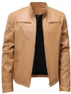 Outlet OUKU Men's Faux Leather Jacket Shirt Jacket Transition Jacket Biker Jacket Vacation Daily Windproof Warm Pocket Fall & Winter Plain Fashion Classic Stand Collar Regular Faux Leather Black Khaki Jacket