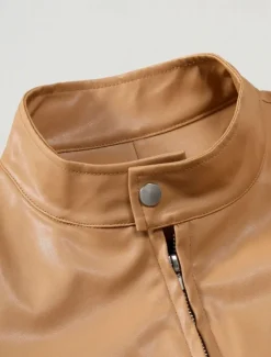 Outlet OUKU Men's Faux Leather Jacket Shirt Jacket Transition Jacket Biker Jacket Vacation Daily Windproof Warm Pocket Fall & Winter Plain Fashion Classic Stand Collar Regular Faux Leather Black Khaki Jacket