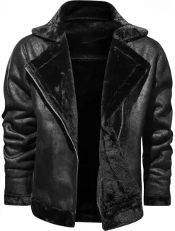 Best OUKU Men's Faux Leather Jacket Fleece Jacket Biker Jacket Vintage Leather Jacket Vacation Daily Windproof Warm Pocket Fall & Winter Plain Fashion Classic Lapel Regular Faux Leather Black Brown Gray Jacket