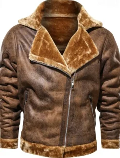 Best OUKU Men's Faux Leather Jacket Fleece Jacket Biker Jacket Vintage Leather Jacket Vacation Daily Windproof Warm Pocket Fall & Winter Plain Fashion Classic Lapel Regular Faux Leather Black Brown Gray Jacket