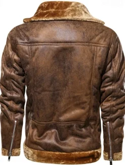 Best OUKU Men's Faux Leather Jacket Fleece Jacket Biker Jacket Vintage Leather Jacket Vacation Daily Windproof Warm Pocket Fall & Winter Plain Fashion Classic Lapel Regular Faux Leather Black Brown Gray Jacket